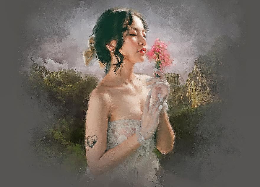 mulher, beleza, tatuado, coração, tatuagem, vestido branco, flores, flores vermelhas, floresta, montanha, templo