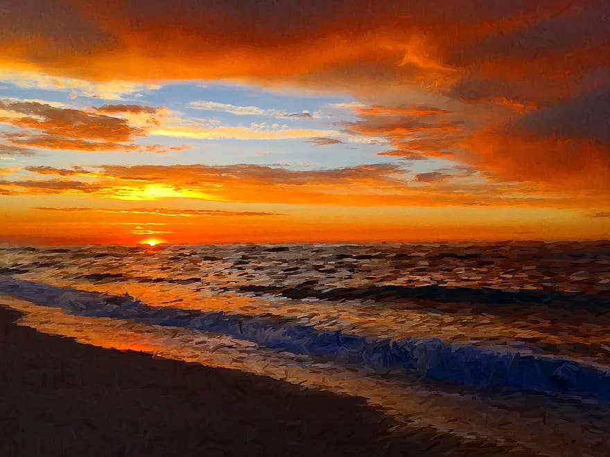 puesta de sol, playa, hermoso, paraíso, San Diego, Carlsbad, nubes, Dom, arena, pacífico, relajante