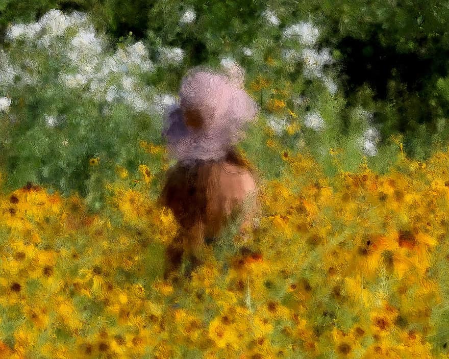 sommer, eng, maleri, blomster, kvinde, kunst, illustration, efterår, gul, græs, akvarel maleri