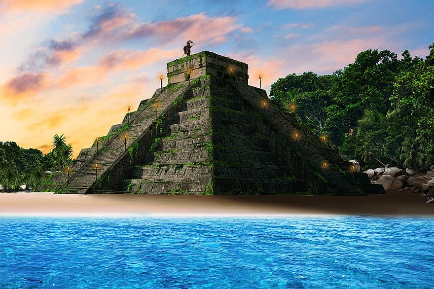 Meksyk, Majowie, aztekowie, dżungla, dłonie, woda, wyspa, zachód słońca, wojownik, surrealizm, pochodnia