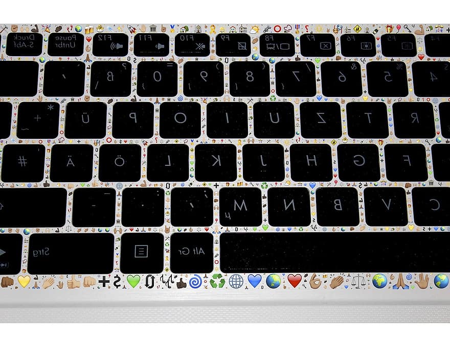 toetsenbord, typen, computer, emoji, tussenin, symbolen, communicatie, Grijze computer, grijze laptop, Grijze gemeenschap, Grijze communicatie