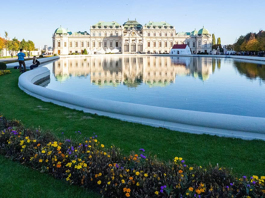 Belvedere、宮殿、池、ウィーン、オーストリア、エステライヒ、博物館、建築、庭園、パーク、反射