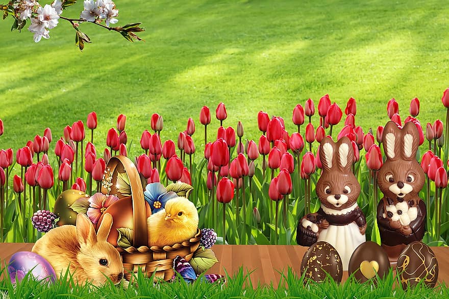 velikonoční, velikonoční zajíček, velikonoční hnízdo, jaro, tulipány, louka, velikonoční vajíčka, tráva, králičí, roztomilý, sezóna