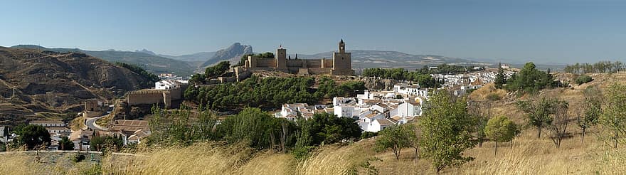 kylä, linna, panoraama, andalucia, arkkitehtuuri, kuuluisa paikka, viljelmät, uskonto, vuori, vanha, rakennuksen ulkoa