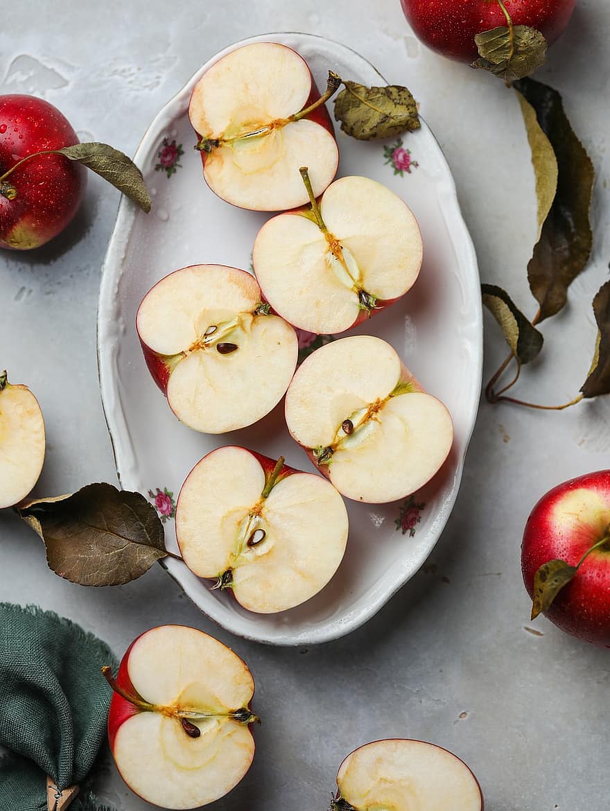 æbler, frugter, mad, skiveskåret, frisk, sund og rask, moden, organisk, sød
