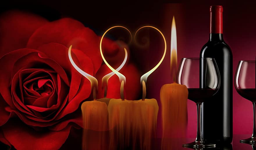 Aš tave myliu, meilė, širdis, romantika, romantiškas, liepsna, žvakė, pakilo, Raudona roze, bučinys, Valentino