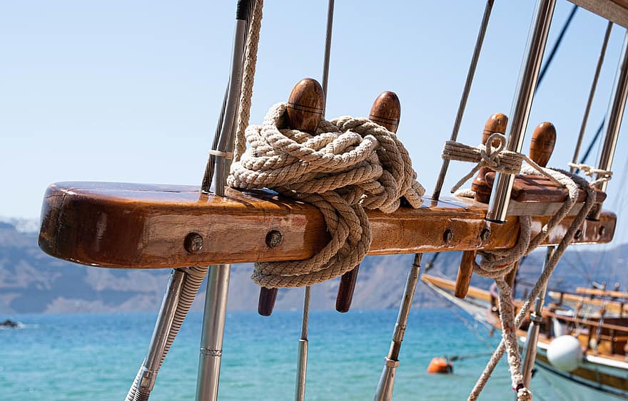 Гърция, Санторини, платноходка, въже, плавателен съд, ветроходство, яхта, ветроходен кораб, облекло, яхтинг, палуба на лодка