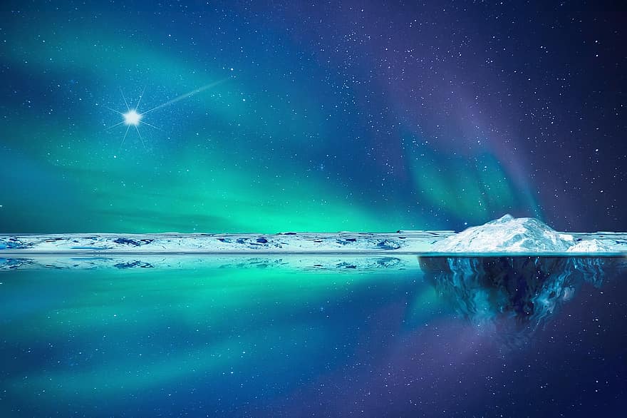 Nordlys, Nordpolen, Arktis, kald, isfjell, Nordstjernen, stjerner, natt, nattehimmel, himmel, stjernehimmelen
