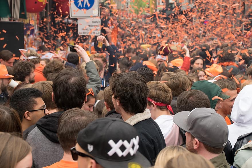 Crowd, Amsterdam, King's Day, Festivity, audience, celebration, men, group of people, fun, event, cultures
