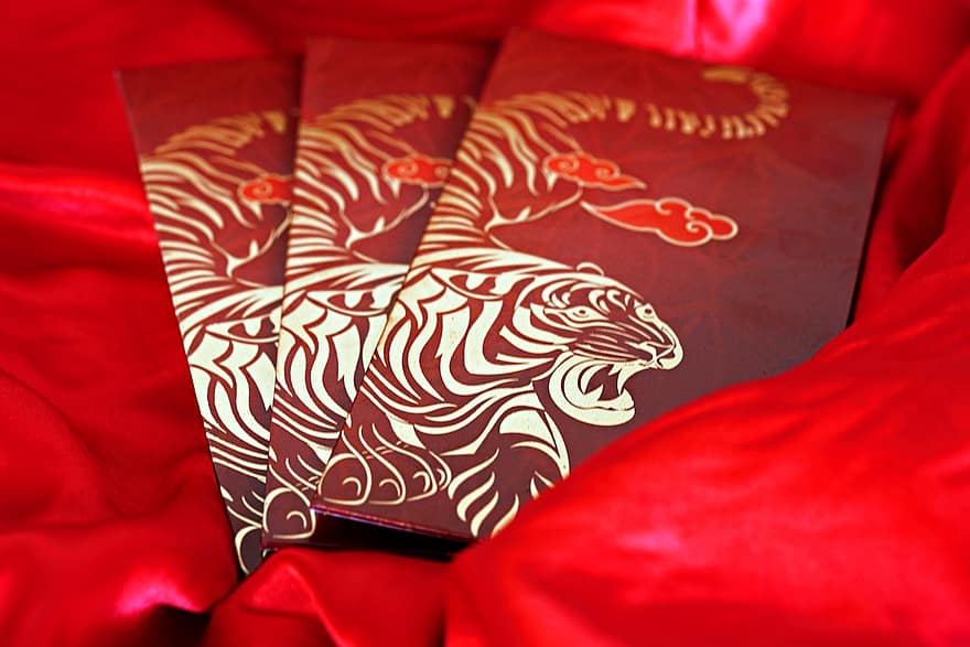 Ang Pao, Amplop Hadiah, Tahun Baru Cina Harimau, dekorasi, pola, tekstil, budaya cina, latar belakang, ilustrasi, budaya, naga