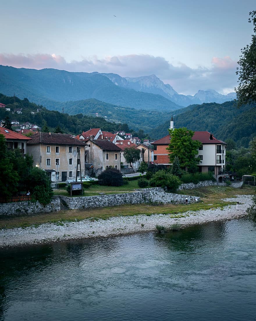 Town, Nature, River, Outdoors, Village, mountain, water, summer, landscape, architecture, rural scene