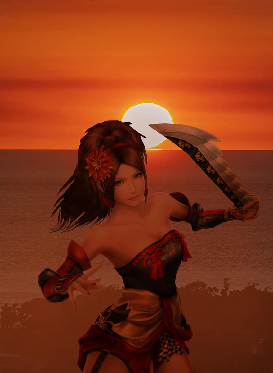 Warrior, Female, Background, Sunrise, Field, Fantasy, Digital Art