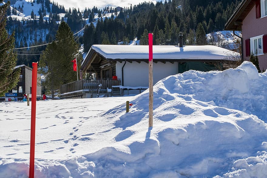 Zwitserland, winter, huizen, Brunni kanton Schwyz, bomen, sneeuw, hemel, natuur, berg-, sport, seizoen