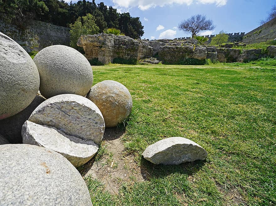 камни, горные породы, Родос, крепость, исторический сайт, разрушенной, природа, туризм, осмотр достопримечательностей, трава, архитектура