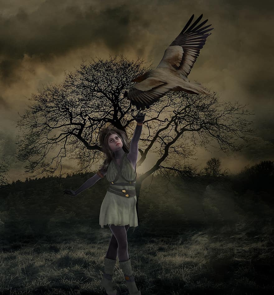 Background Forest, Tree, Woman, Bird, flying, sunset, child, one person, autumn, cute, grass