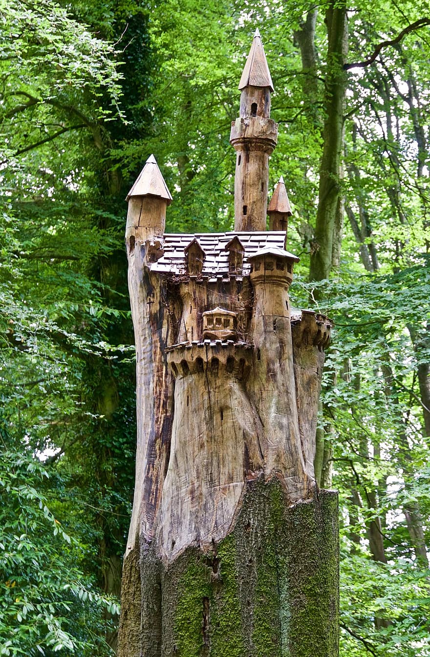 Lâu đài, chạm khắc, gỗ, điêu khắc, chạm khắc gỗ, Thân cây, tác phẩm nghệ thuật