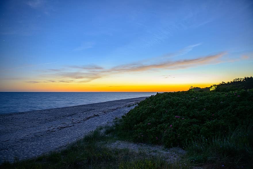 solnedgang, Strand, hav, sand, strand gress, strandlinjen, kyst, shore, horisont, skumring, etterglød