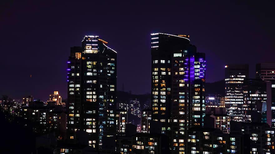 edificios residenciales, apartamentos, rascacielos, arquitectura, edificios, ciudad, urbano, vista nocturna, República de Corea, Corea, parque del cielo