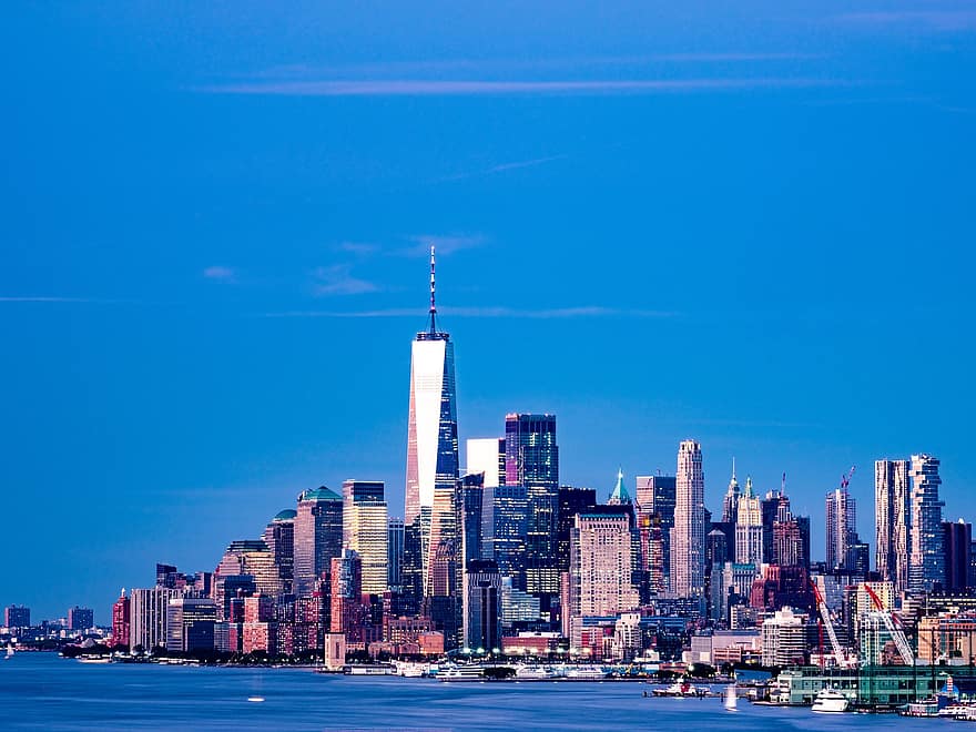 นิวยอร์ก, หนึ่งศูนย์การค้าโลก, แม่น้ำ, เมือง, แมนฮัตตัน, cityscape, เส้นขอบฟ้า, อาคาร, ตึกระฟ้า, สิ่งปลูกสร้าง, ฮัดสัน
