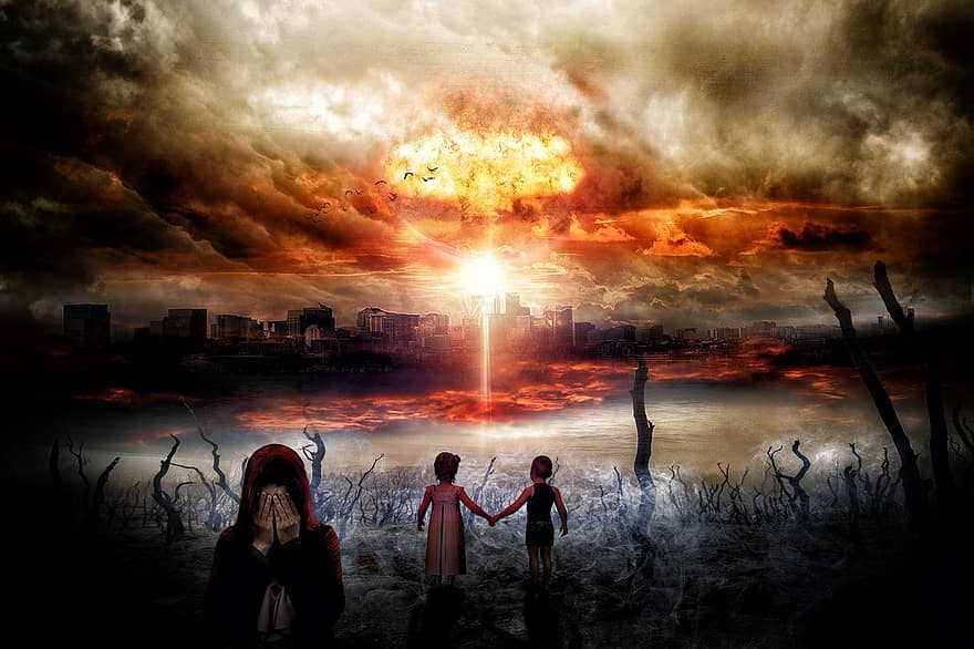krig, apokalyps, undergång, ge sig på, förstörelse, explosion, död, lidande, gråta, barn, rädsla