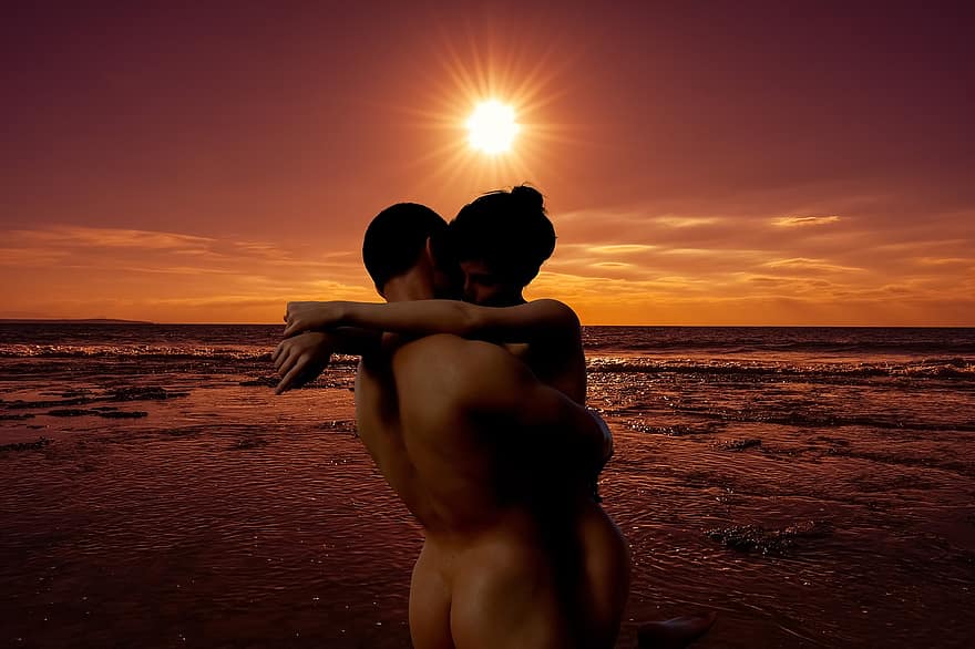 kekasih, pasangan, cinta, matahari terbenam, matahari, pantai, laut, firdaus, pecinta musim panas, percintaan, pasangan telanjang