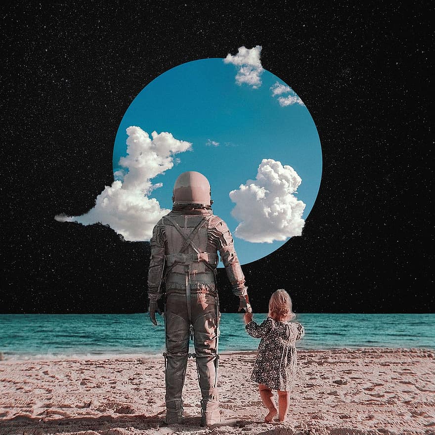 espacio, astronauta, playa, niños, niña, nubes, cielo, estrellas, galaxia, agua, mar