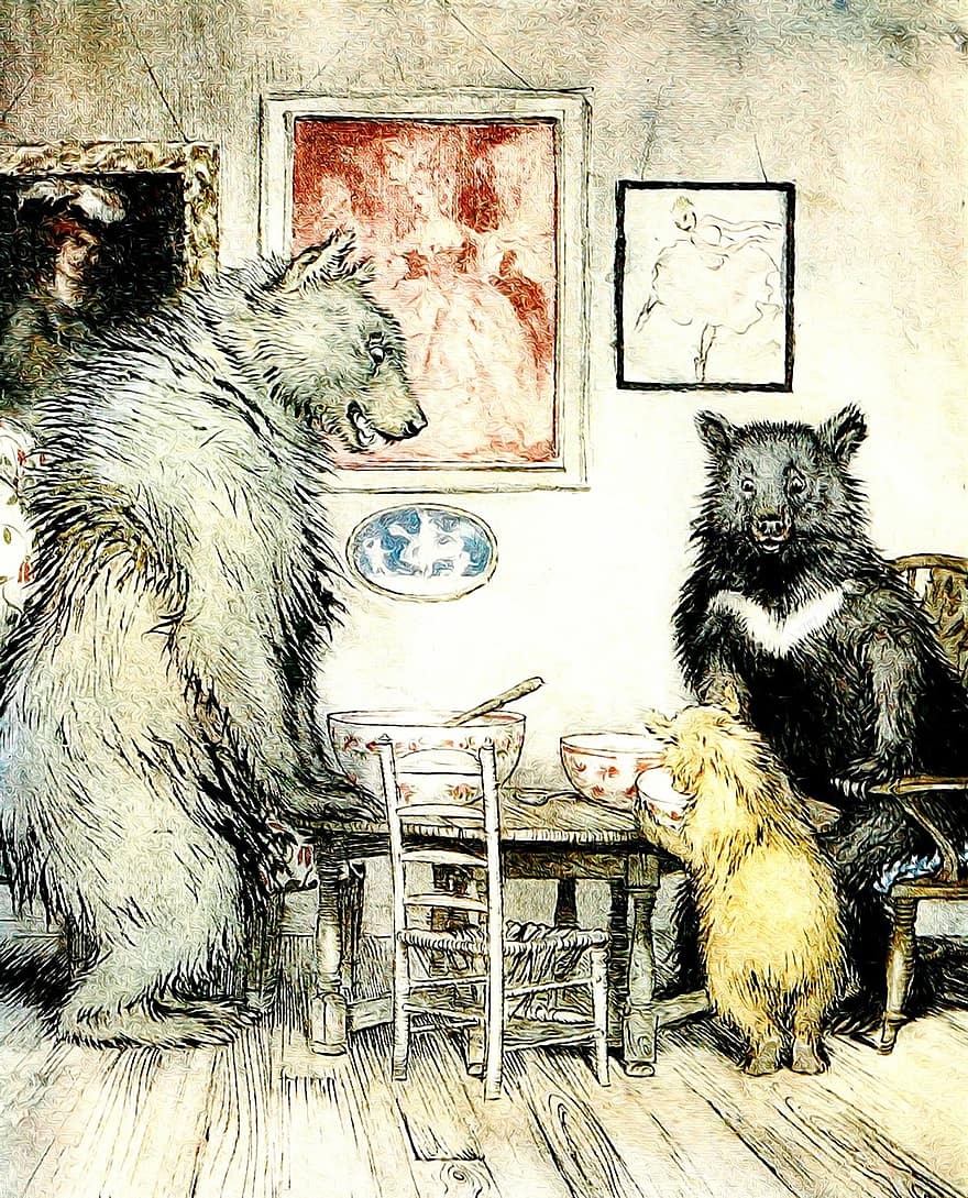 årgång, Arthur Rackham, viktoriansk, gammal, antik, fantasi, saga, litteratur, berättelse, förtrollad, björnar