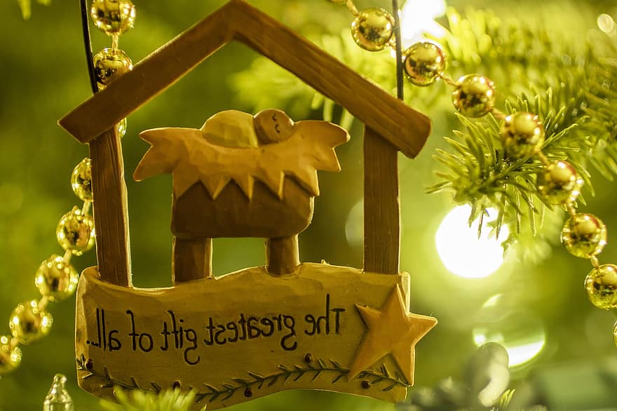 рождество, орнамент, дерево, зеленый, Иисус, кормушка, Рождество, подарок, огни, украшение, праздник