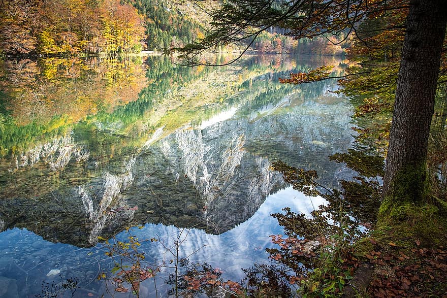 meer, water reflectie, bergen, water, herfst, vallen, landschap, toneel-, platteland, natuur, bergsee
