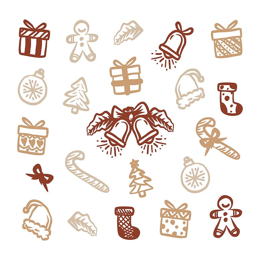 jul, ornament, mønster, bakgrunn, julestrømpe, bauble, tre, gave, santa cap, sukker stang, pepperkakemann