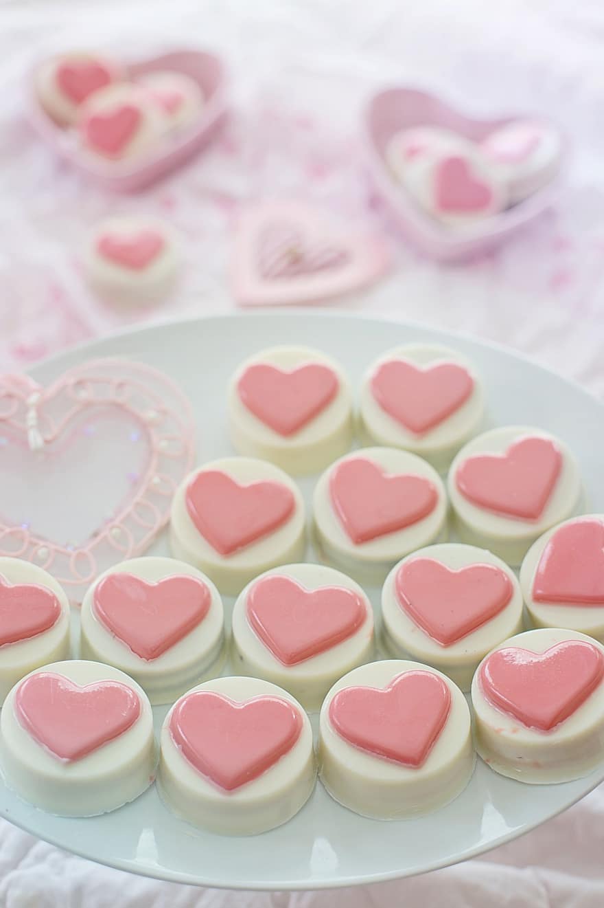 серця, солодощі, десерти, частує, день святого Валентина, весільний душ, вид зверху, Орео в шоколаді, випічка, десерт, кохання