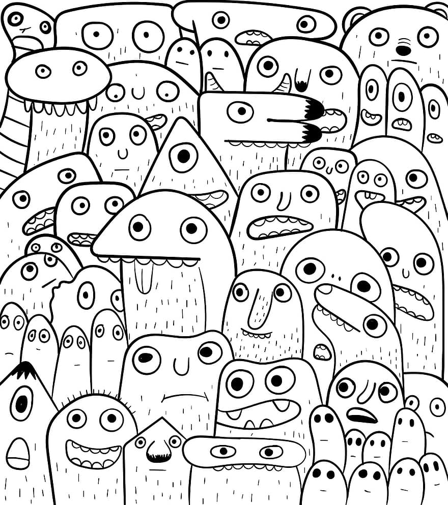 doodle'lar, canavarlar, yaratıklar, elle çizilmiş, karakterler, grup, karikatür, sevimli, komik, Çizgi çizimleri, hat sanatı