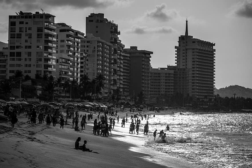 pláž, město, acapulco, Mexiko, černobílý, letní, moře, turistů, lidé, Dovolená, dovolená