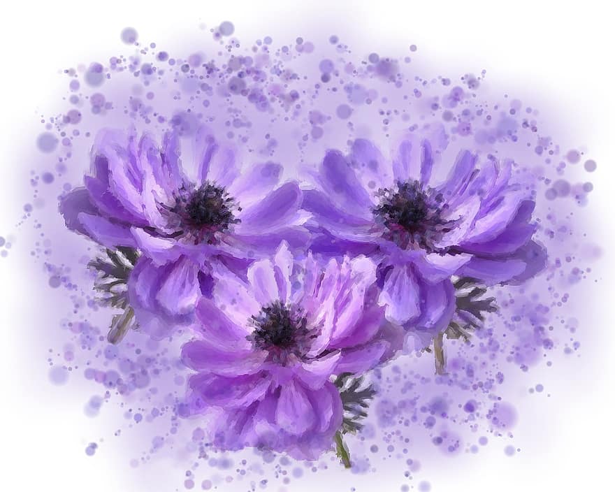 フラワーズ、ペインティング、紫の、フローラル、花、咲く、工場、しぶき、花弁、閉じる、きらきら