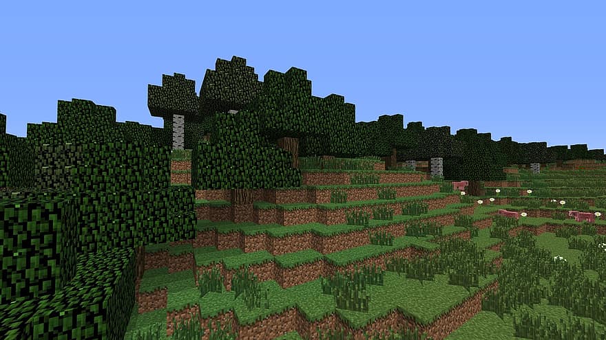 Minecraft, Bioma, prato, erba, giocare, erbe, fiori, collina, montagne, alberi, acqua