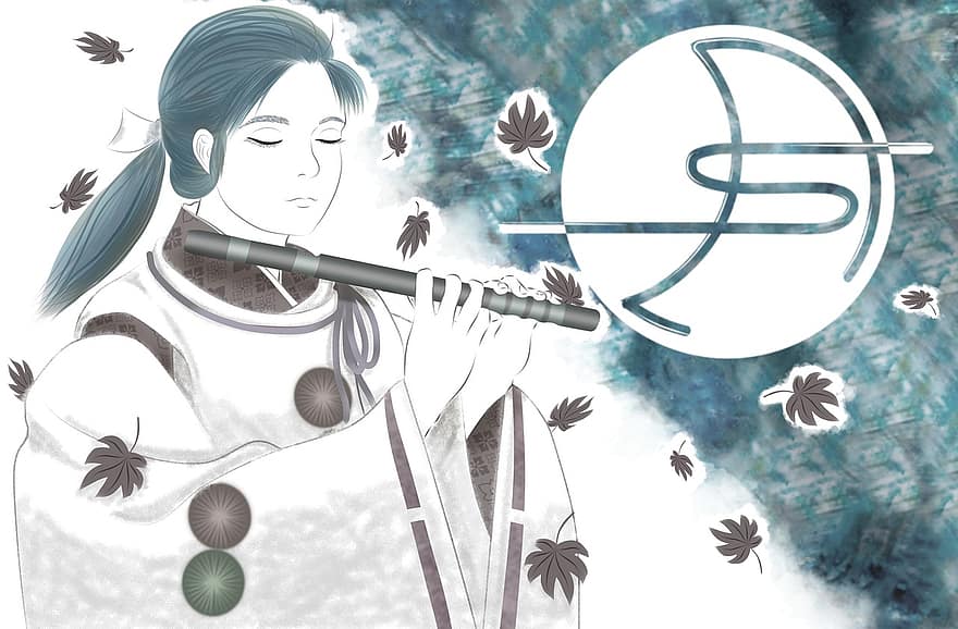 jongen, Japans, fluiten, muziek-, maan, gevallen bladeren, kimono, bezitten, Als je je ogen sluit, herfst, Halverwege de herfst oogstmaan