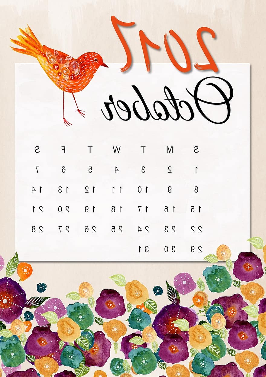 oktober, kalender, 2017, floral, fugl, romantisk, design, dekorasjon, år