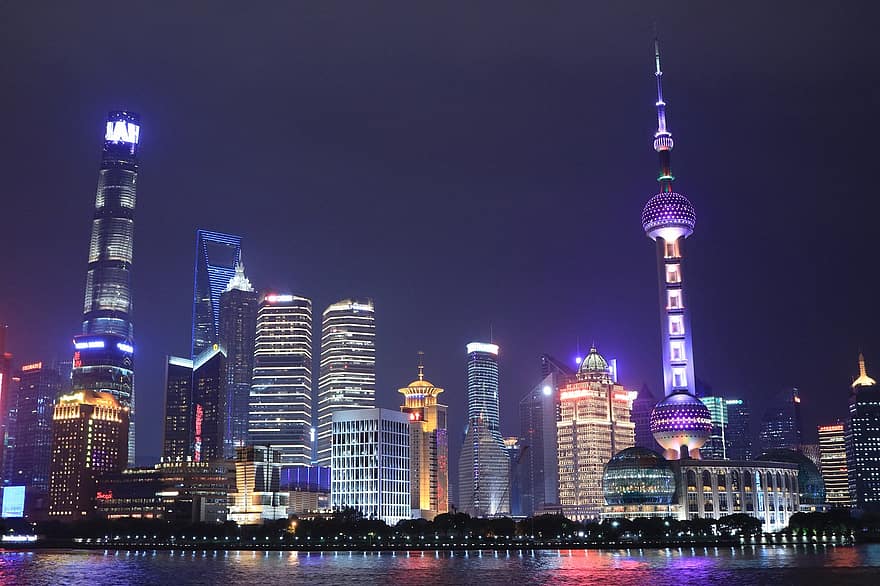 상하이, 중국, 시티, 건축물, 건물, 현대, 밤, 아시아, 호텔, 도시 풍경, 건물들