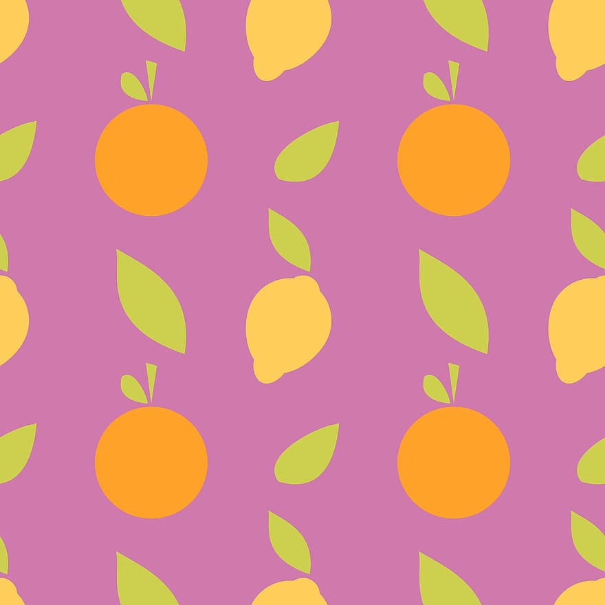 sømløst, mønster, frukt, oransje, sitron, blader, fruktkurv, kjøkken, oppskrift, grønn, gul