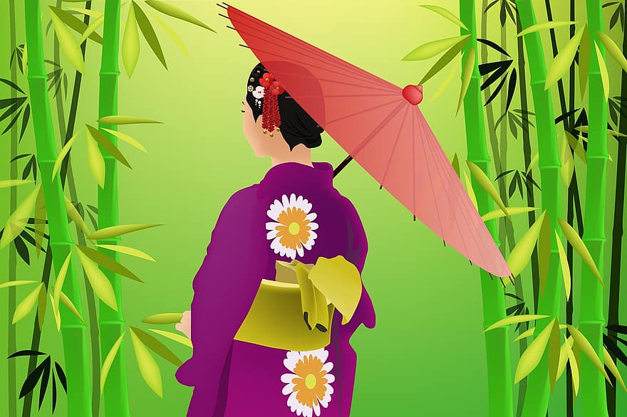 bambu lund, natur, japan, Flicka i Kimono