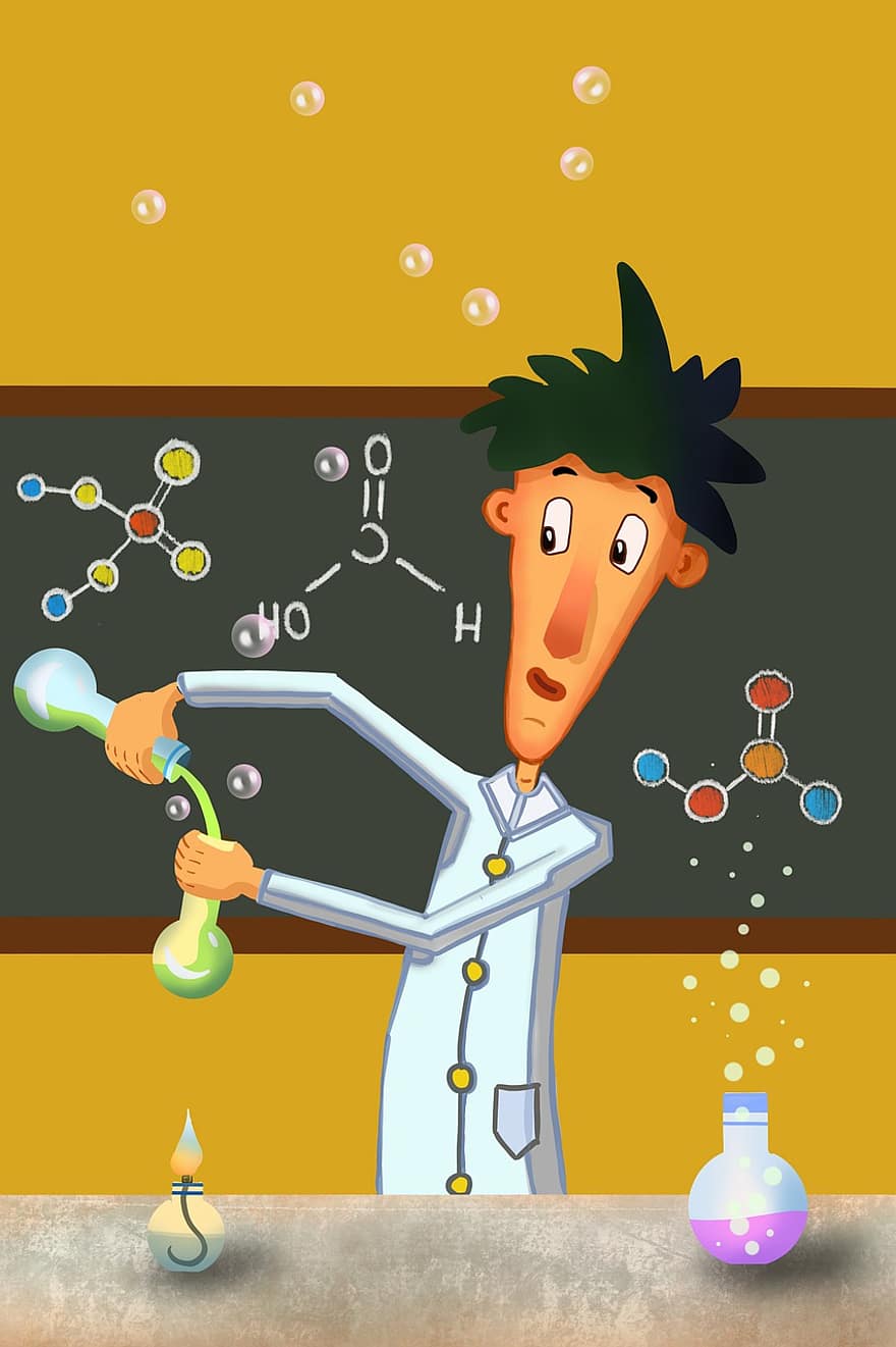 mokytojas, chemija, mokslas, mokslininkas, laboratorija, eksperimentas, mėgintuvėlis, burbuliukai, degiklis, cheminės medžiagos, mokslinius tyrimus