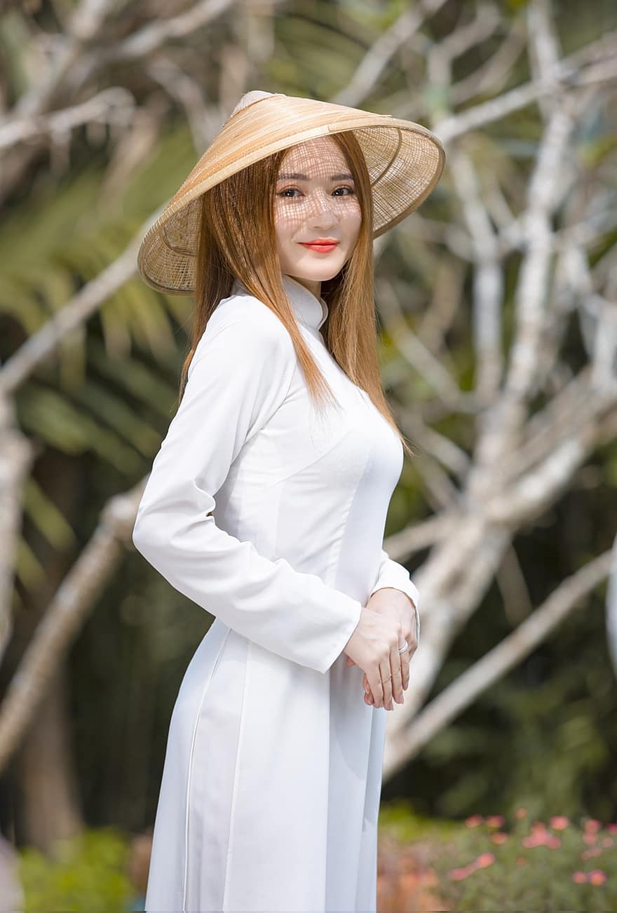 ao dai, мода, жена, портрет, Виетнамска национална рокля, конична шапка, рокля, традиционен, момиче, красива, поза