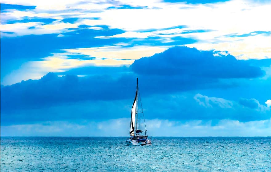 katamaran, hav, vann, seile, reise, skip, fritid, horisont, blått vann, Seascape, seilbåt