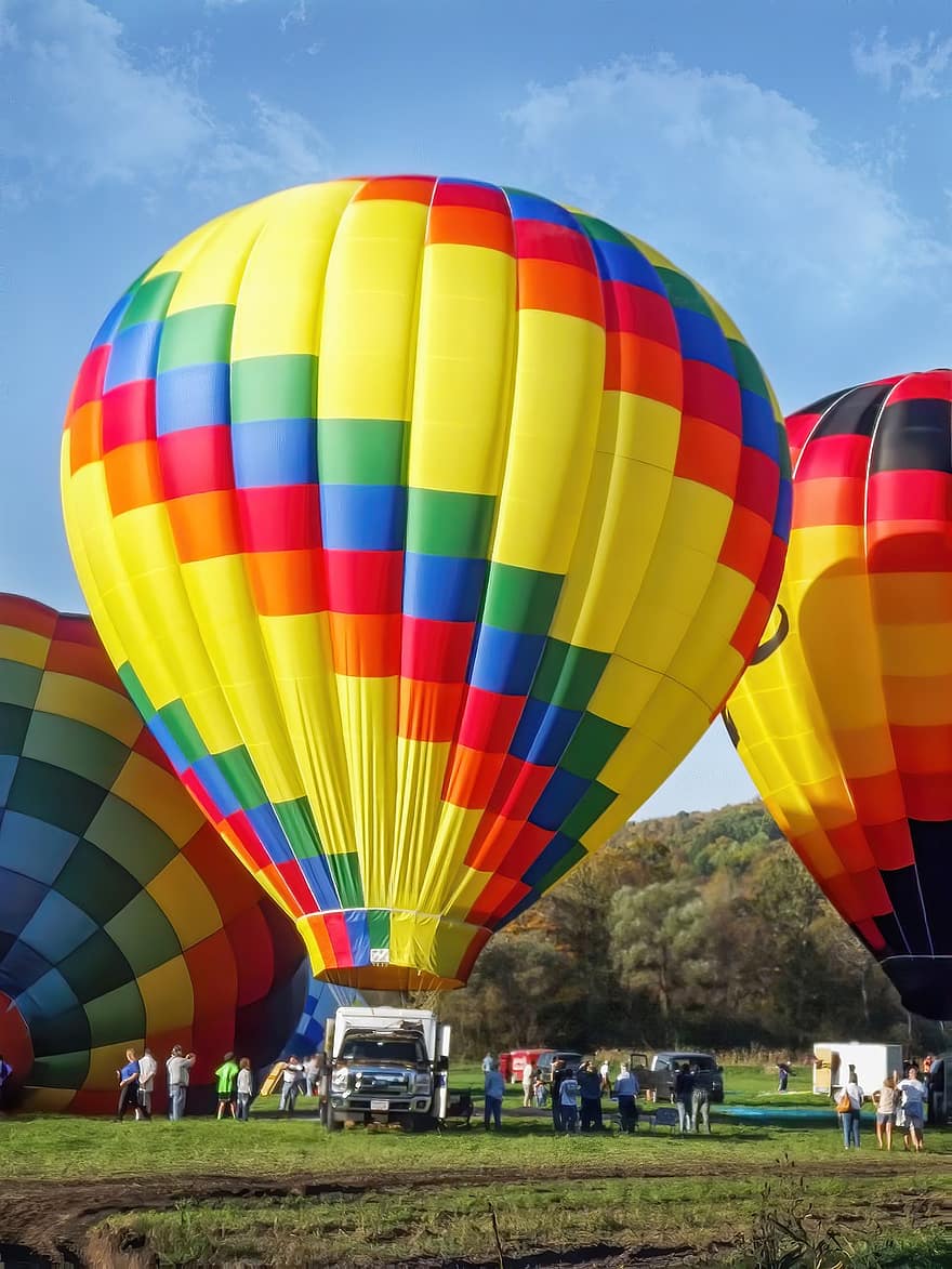 des ballons, air chaud, montgolfières, lancement, lancement de ballon, Carburant prêt, vol, aventure, en volant, flottant, coloré