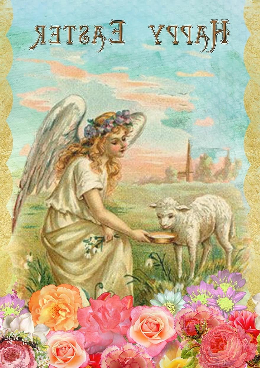 Easter, Greeting Card, Vintage, Angel, Lamb, Card, Greeting, Happy Easter, Easter Greeting Card, Celebration, Holiday