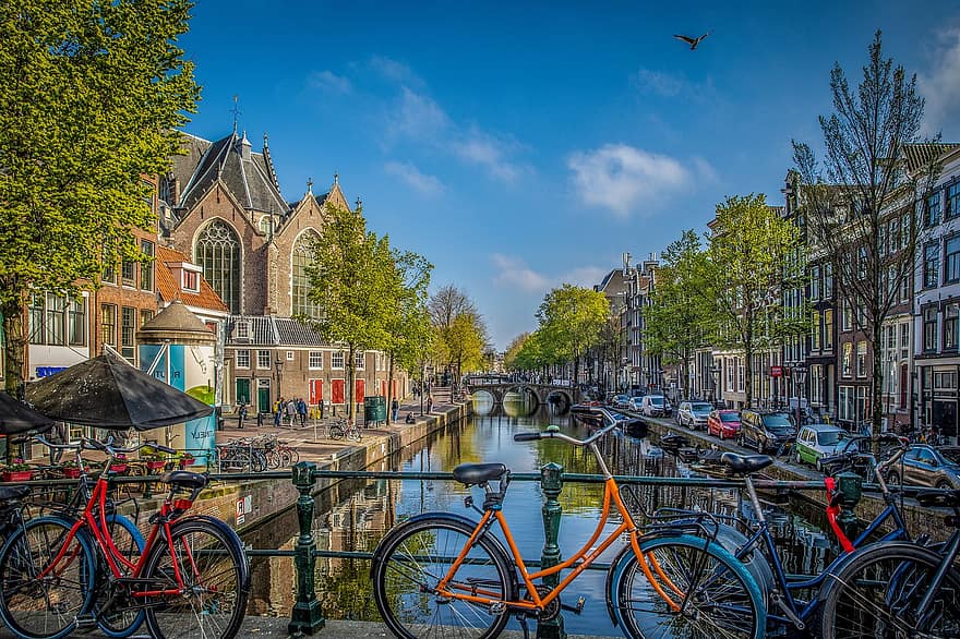 kerékpár, csatorna, Amszterdam, hajó, város, városi, autók, ég