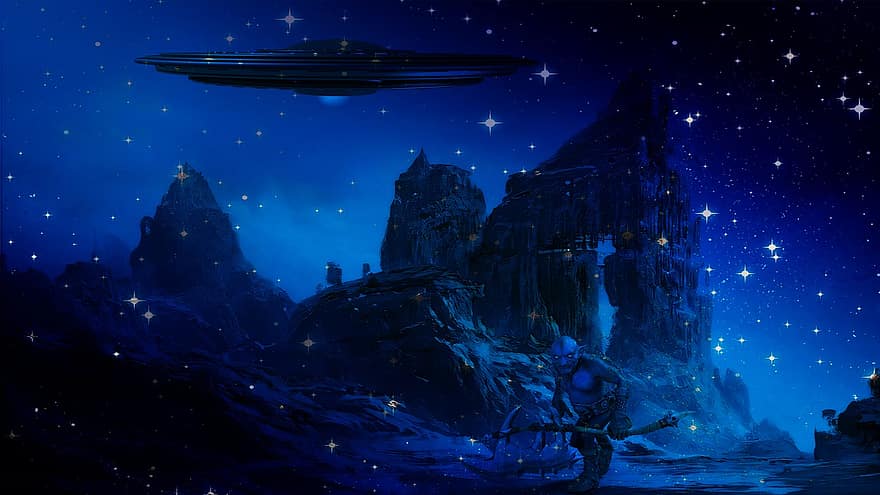 Hintergrund, Berge, Sterne, Raumschiff, Krieger, Fantasie, Charakter, digitale Kunst, Galaxis, Nacht-, Platz