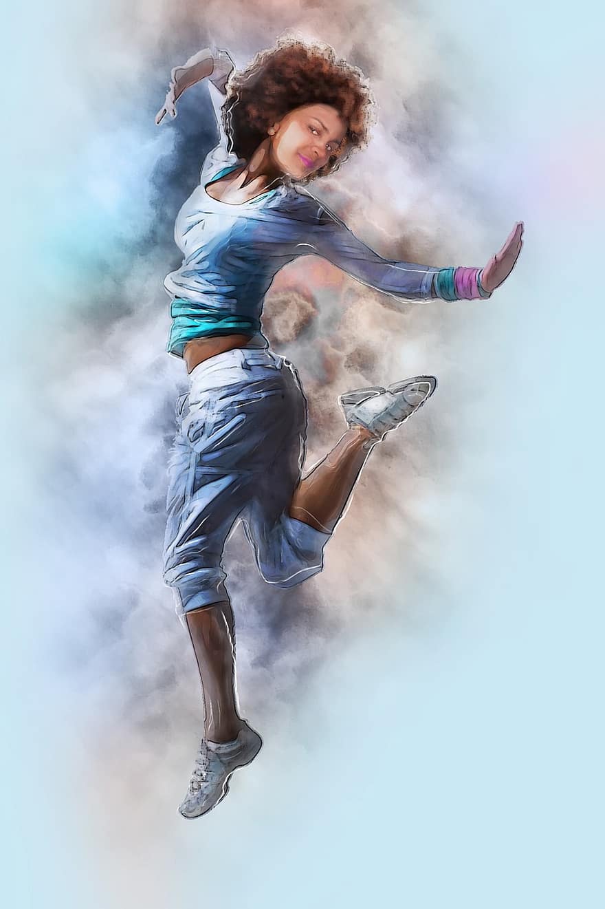 mulher negra, pulando, coreografia, dançando, teatro, o físico, aeróbica, mini, arte, aguarela, artístico