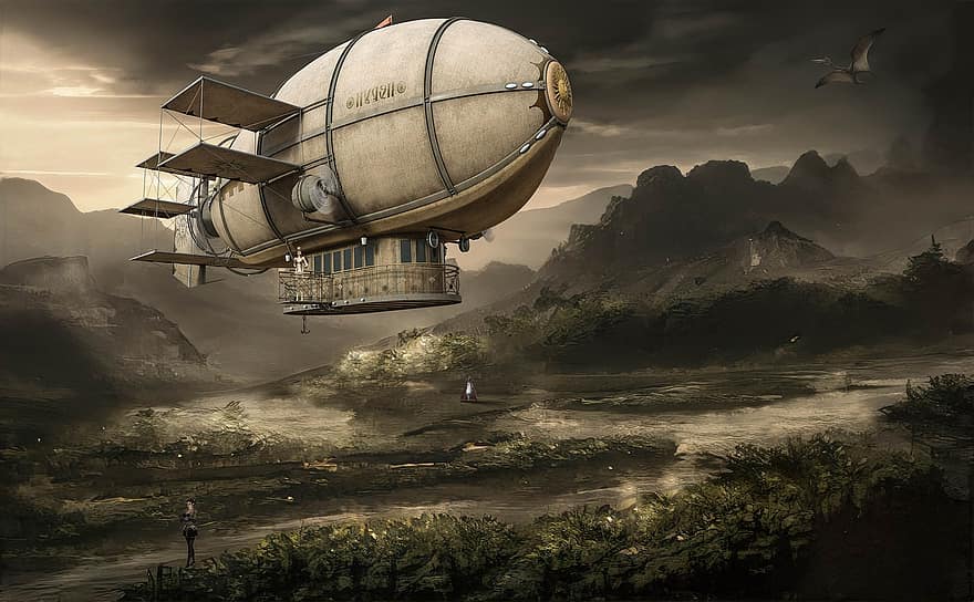 Fantasy, Picturesque, Landscape, Steampunk, Hover, Pterosaur, science, mountain, technology, illustration, astronomy