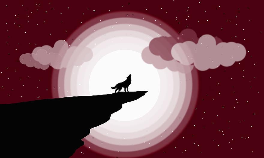 Howling Wolf, Wolf, Blood Moon, Red Sky